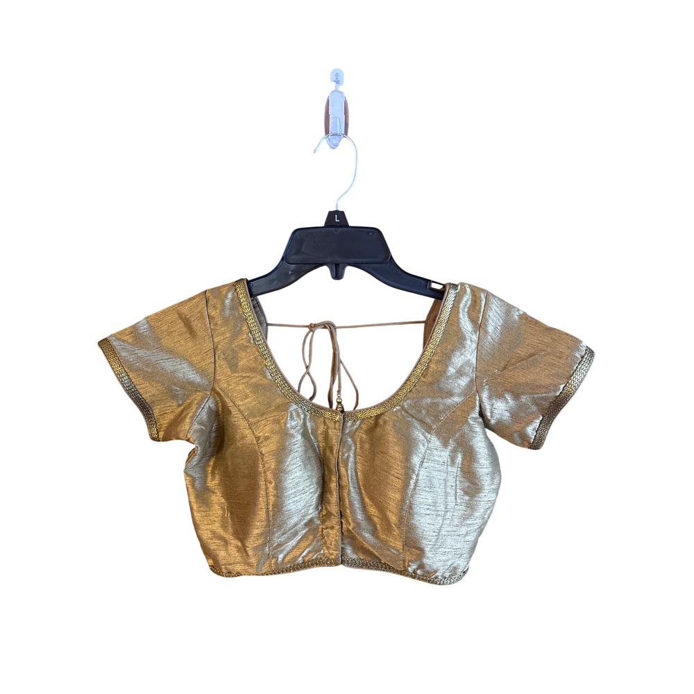 Gold Metallic Saree Blouse Padded Choli Short Sleeve Braided Trim Approx XS/S